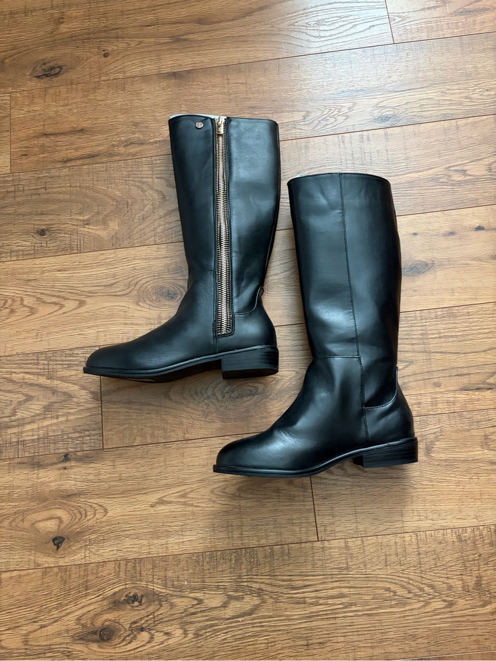 Stuart Weitzman Black Leather Knee Boots with Gold Zipper